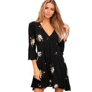 Free People Time on My Side Floral Mini Tea Dress Wrap XS Black